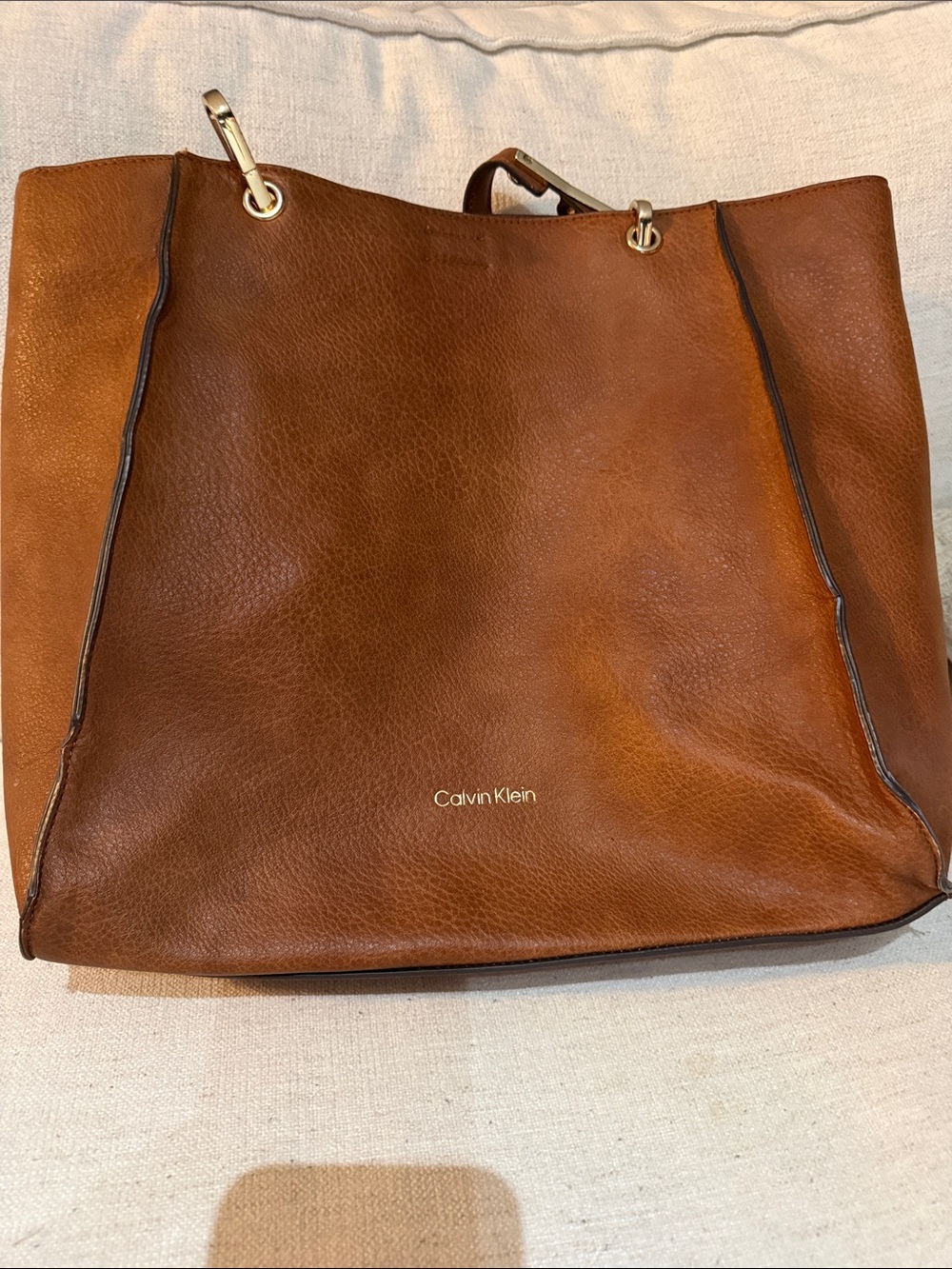 Calvin Klein Cognac Leather Tote with Gold Hardware